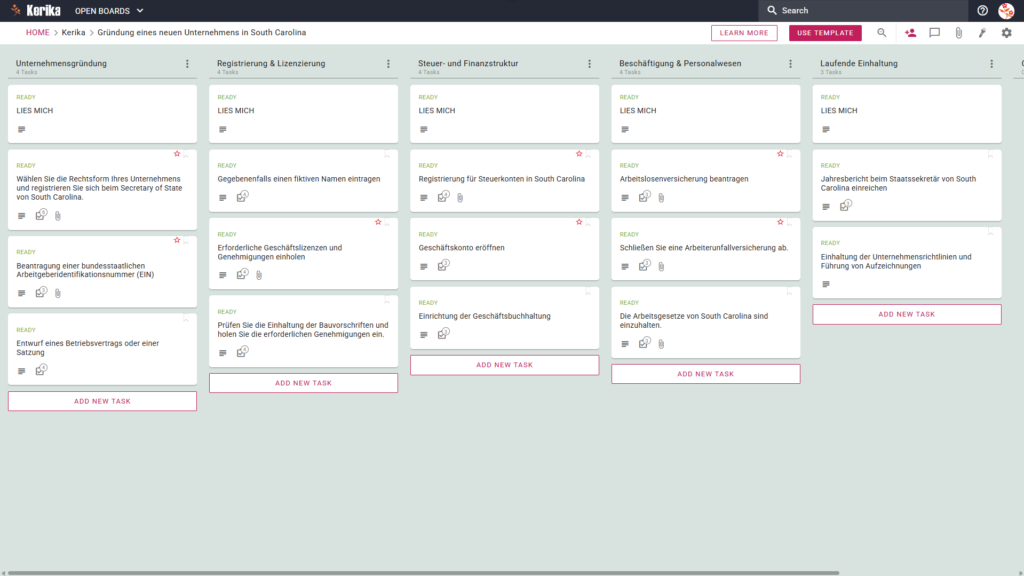 Banner mit dem Titel „Gründung eines neuen Unternehmens in South Carolina“, das einen Screenshot eines Kerika-Kanban-Boards mit Aufgabenspalten zu den Themen Unternehmensgründung, Registrierung und Lizenzierung, Steuer- und Finanzangelegenheiten, Beschäftigung und Personalwesen sowie laufende Compliance zeigt.