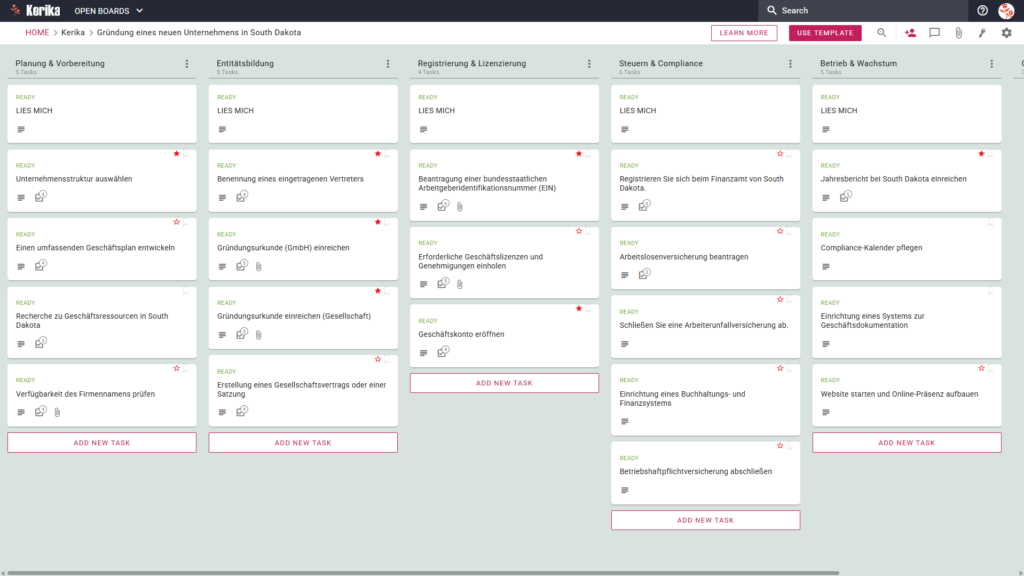 Banner mit dem Titel „Gründung eines neuen Unternehmens in South Dakota“, das einen Screenshot eines Kerika-Kanban-Boards mit den folgenden Aufgabenspalten zeigt: Planung und Vorbereitung, Unternehmensgründung, Registrierung und Lizenzierung, Steuern und Compliance sowie Betrieb und Wachstum.