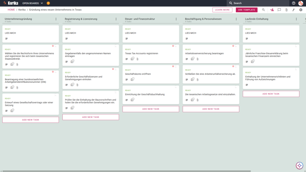 Banner mit dem Titel „Gründung eines neuen Unternehmens in Texas“, das einen Screenshot eines Kerika-Kanban-Boards mit Aufgabenspalten zu den Themen Unternehmensgründung, Registrierung und Lizenzierung, Steuer- und Finanzangelegenheiten, Beschäftigung und Personalwesen sowie laufende Compliance zeigt.
