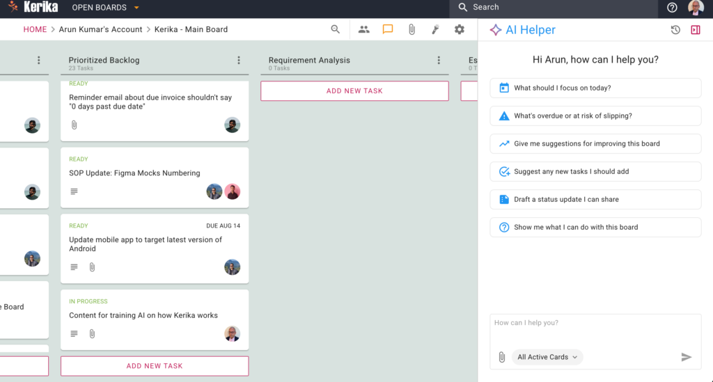 Screenshot shows the AI Helper that appears when the a desktop user clicks on the AI Button that appears on the bottom-right corner of the Kerika app.
