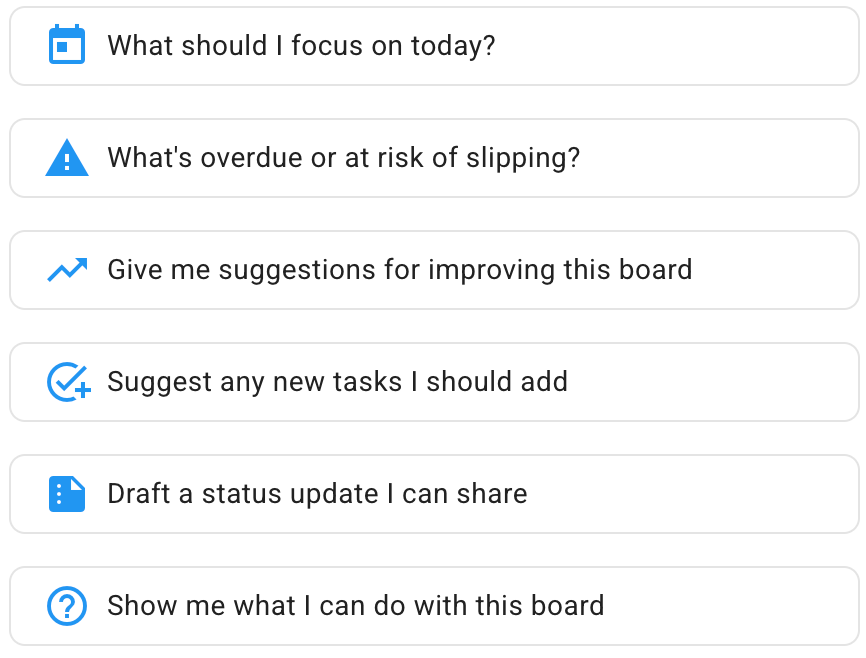 Screenshot showing the Quick Actions available within the AI Helper pane, when the AI Helper is invoked from a Task Board.