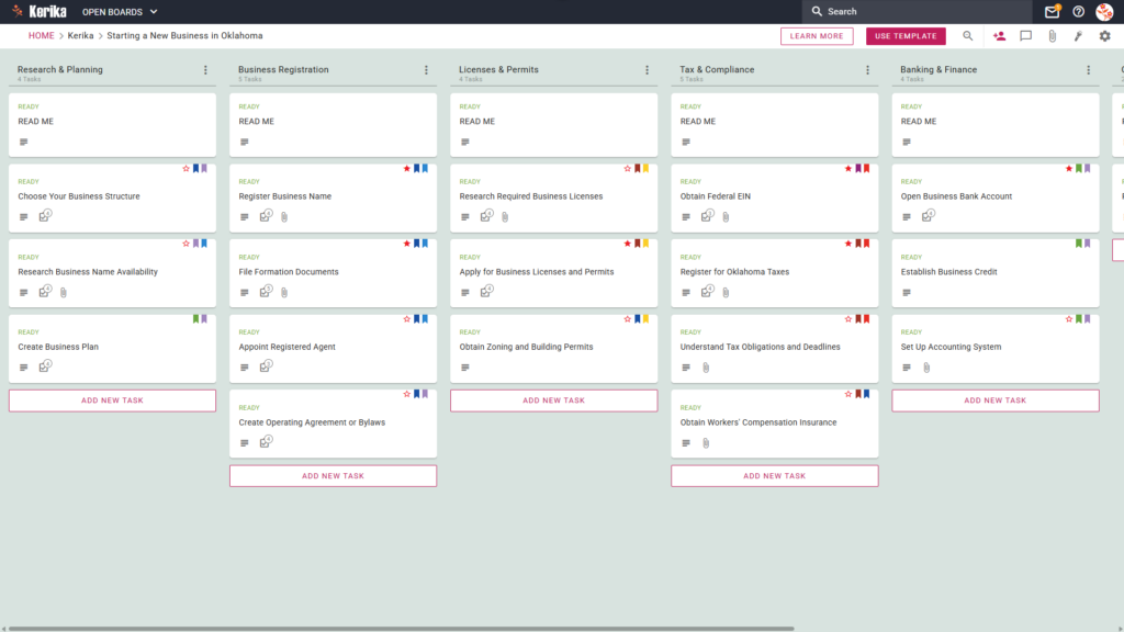 Banner titled "Starting a New Business in Oklahoma" featuring a screenshot of a Kerika Kanban board with task columns for Research & Planning, Business Registration, Licenses & Permits, Tax & Compliance, and Banking & Finance.