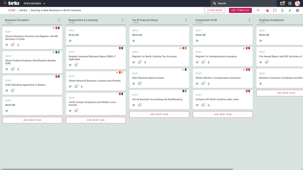 Banner titled "Starting a New Business in North Carolina" featuring a screenshot of a Kerika Kanban board with task columns for Business Formation, Registration & Licensing, Tax & Financial Setup, Employment & HR, and Ongoing Compliance.