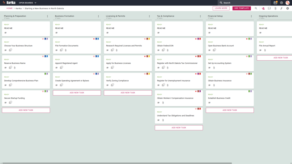 Banner titled "Starting a New Business in North Dakota" featuring a screenshot of a Kerika Kanban board with task columns for Planning & Preparation, Business Formation, Licensing & Permits, Tax & Compliance, Financial Setup, and Ongoing Operations.