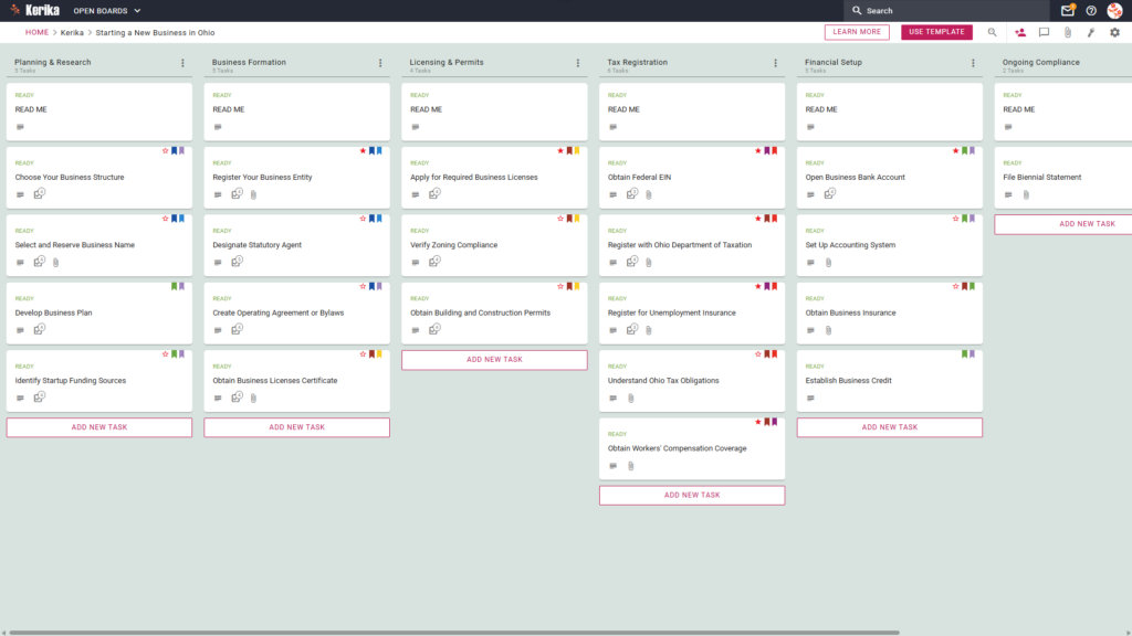 Banner titled "Starting a New Business in Ohio" featuring a screenshot of a Kerika Kanban board with task columns for Planning & Research, Business Formation, Licensing & Permits, Tax Registration, Financial Setup, and Ongoing Compliance.
