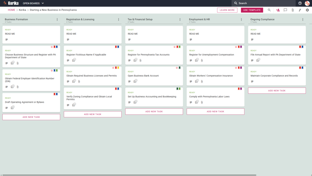 Banner titled "Starting a New Business in Pennsylvania" featuring a screenshot of a Kerika Kanban board with task columns for Business Formation, Registration & Licensing, Tax & Financial Setup, Employment & HR, and Ongoing Compliance.