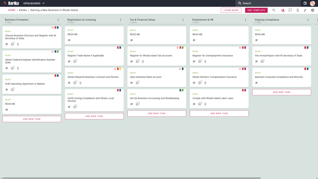 Banner titled "Starting a New Business in Rhode Island" featuring a screenshot of a Kerika Kanban board with task columns for Business Formation, Registration & Licensing, Tax & Financial Setup, Employment & HR, and Ongoing Compliance.