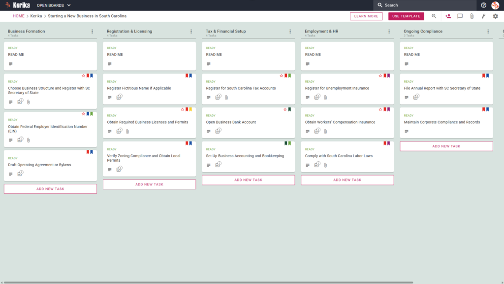 Banner titled "Starting a New Business in South Carolina" featuring a screenshot of a Kerika Kanban board with task columns for Business Formation, Registration & Licensing, Tax & Financial Setup, Employment & HR, and Ongoing Compliance.