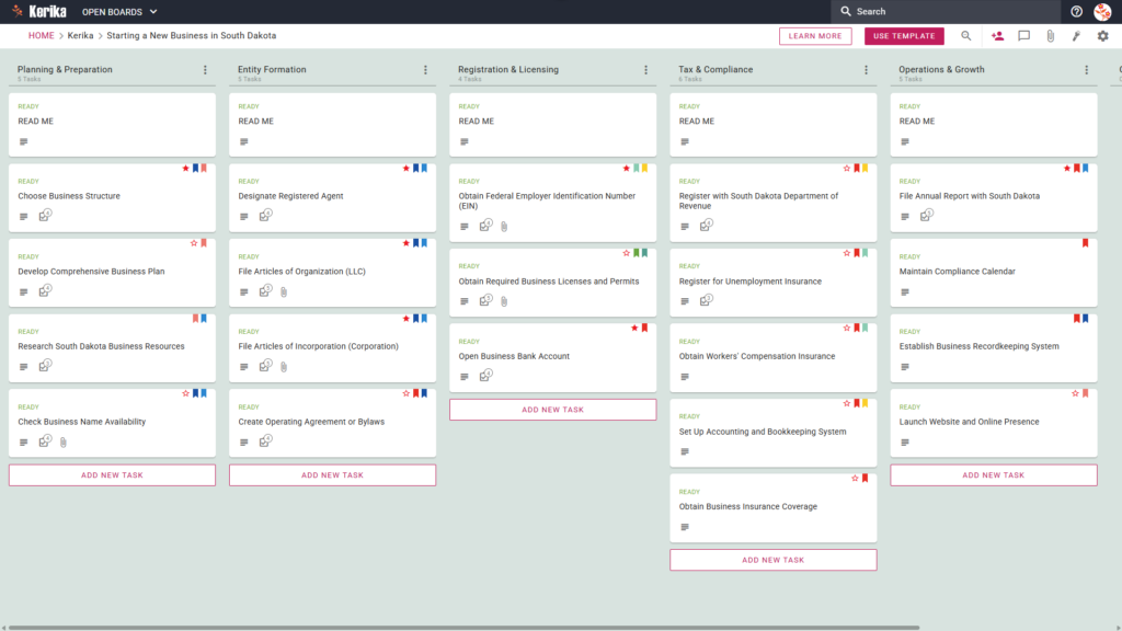 Banner titled "Starting a New Business in South Dakota" featuring a screenshot of a Kerika Kanban board with task columns for Planning & Preparation, Entity Formation, Registration & Licensing, Tax & Compliance, and Operations & Growth.