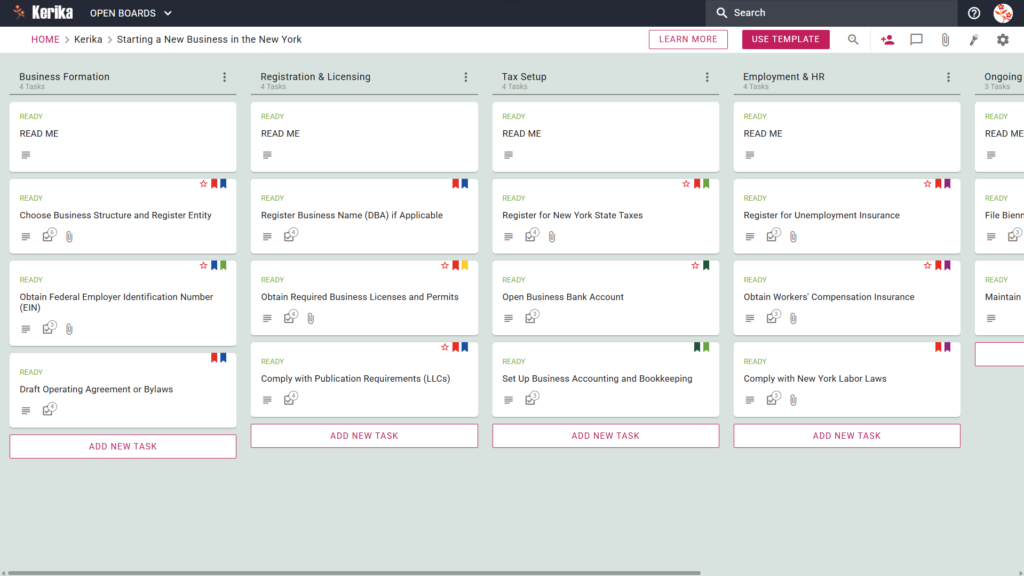 Banner titled "Starting a New Business in New York" featuring a screenshot of a Kerika Kanban board with task columns for Business Formation, Registration & Licensing, Tax Setup, Employment & HR, and Ongoing Compliance.