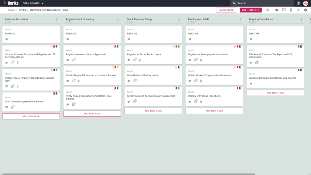 Banner titled "Starting a New Business in Texas" featuring a screenshot of a Kerika Kanban board with task columns for Business Formation, Registration & Licensing, Tax & Financial Setup, Employment & HR, and Ongoing Compliance.