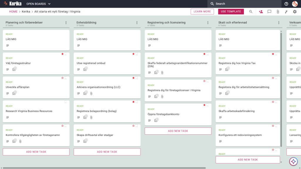 En banner med rubriken ”Att starta ett nytt företag i Virginia” som visar en skärmdump av en Kerika Kanban-tavla med uppgiftskolumner för planering och förberedelse, bolagsbildning, registrering och tillstånd, skatt och efterlevnad samt drift och tillväxt.