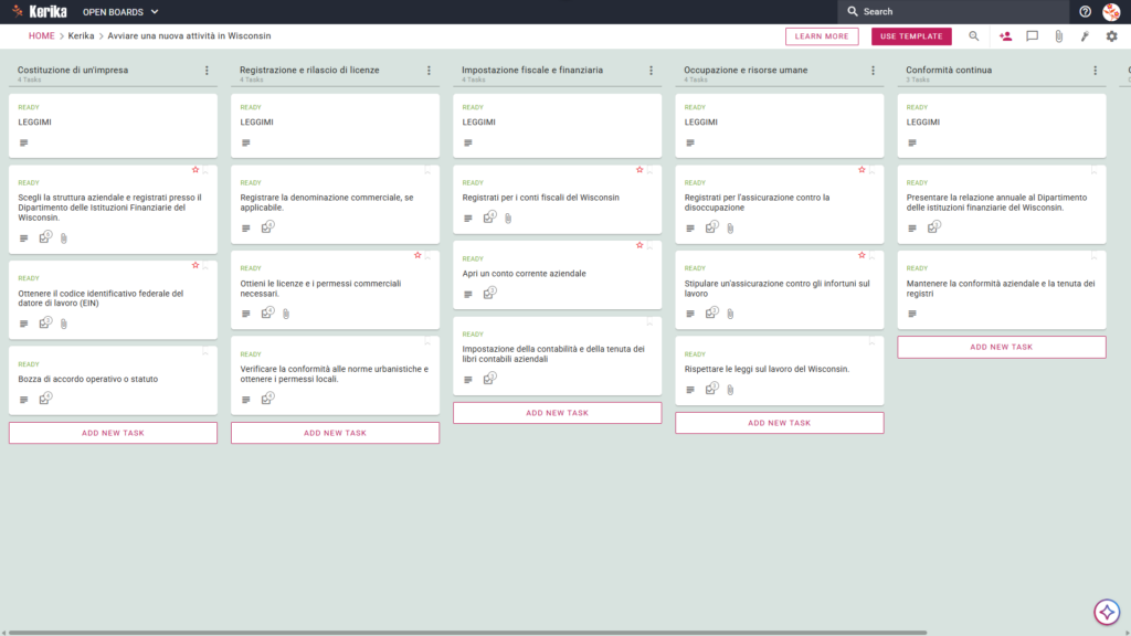 Banner dal titolo "Avviare una nuova attività nel Wisconsin" che mostra uno screenshot di una bacheca Kerika Kanban con colonne dedicate alle seguenti attività: costituzione dell'impresa, registrazione e ottenimento delle licenze, aspetti fiscali e finanziari, assunzioni e risorse umane, e conformità normativa continua.