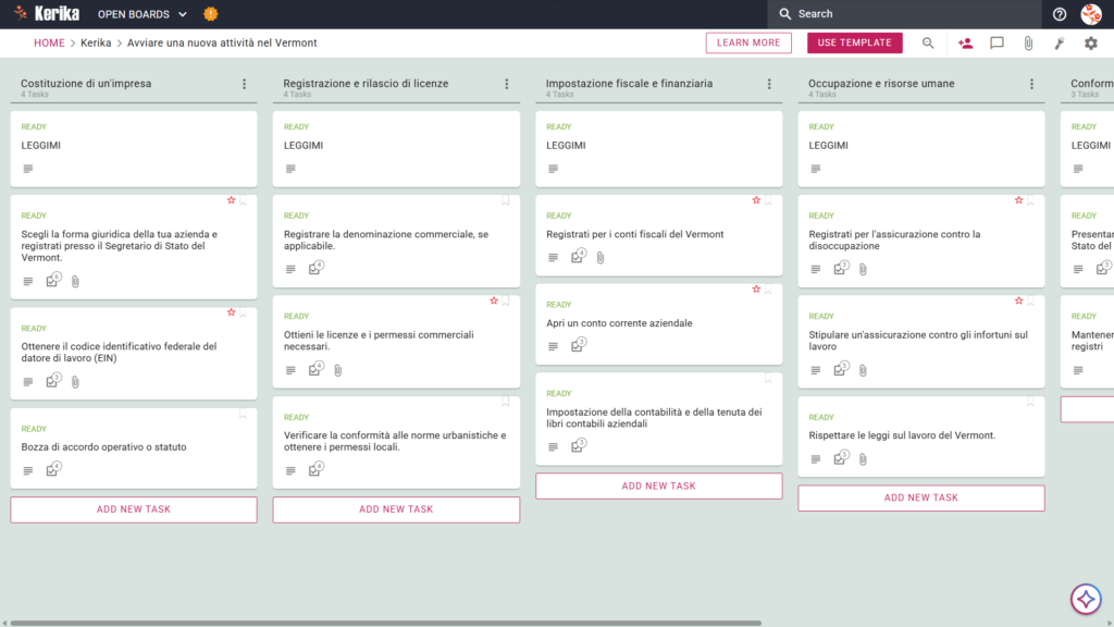 Banner dal titolo "Avviare una nuova attività nel Vermont" che mostra uno screenshot di una bacheca Kerika Kanban con colonne dedicate alle seguenti attività: costituzione dell'impresa, aspetti fiscali e finanziari, assunzioni e risorse umane, conformità normativa e registrazione e licenze.