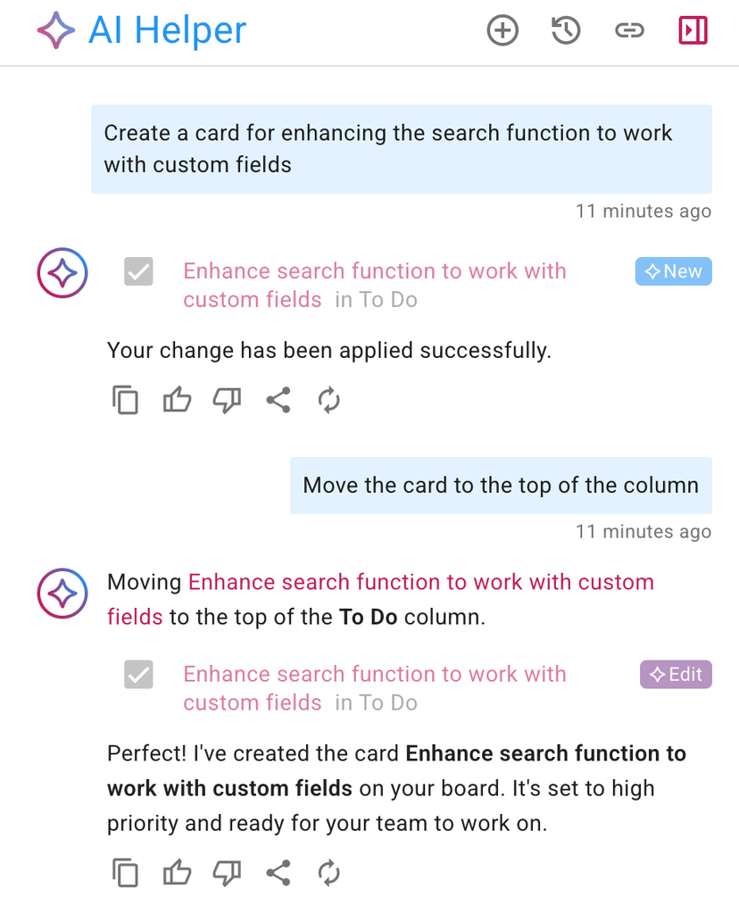 Screenshot showing the AI Helper responding to the user's request to create a card, and then move it to the top of the column.
