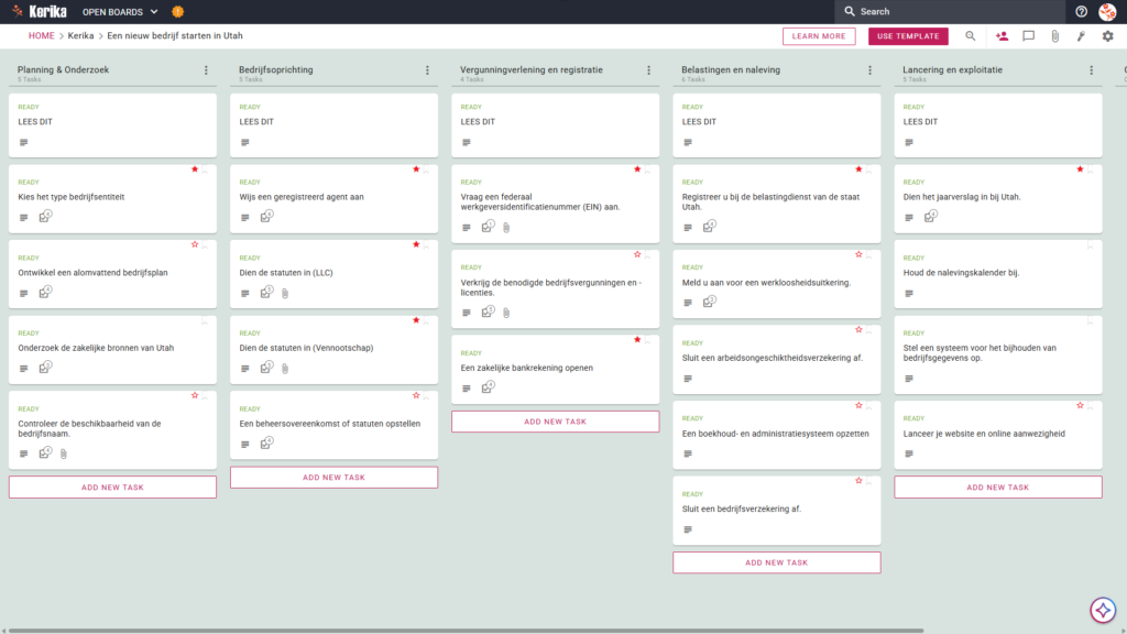 Banner met de titel „Een nieuw bedrijf starten in Utah”, met een screenshot van een Kerika Kanban-bord met taakkolommen voor Planning & Onderzoek, Oprichting van het bedrijf, Vergunningen & Registratie, Belastingen & Naleving, en Lancering & Bedrijfsvoering.