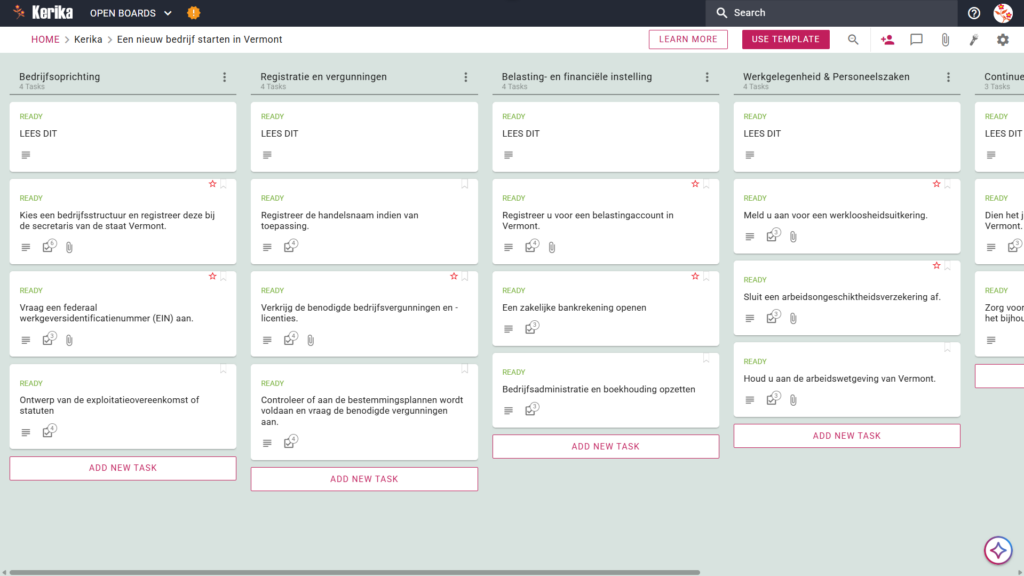 Banner met de titel „Een nieuw bedrijf starten in Vermont”, met een screenshot van een Kerika Kanban-bord met taakkolommen voor „Oprichting van een bedrijf”, „Belasting- en financiële zaken”, „Personeelszaken en HR”, „Doorlopende naleving” en „Registratie en vergunningen”.