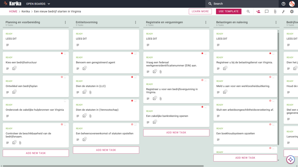 Banner met de titel „Een nieuw bedrijf starten in Virginia”, met een screenshot van een Kerika Kanban-bord met taakkolommen voor Planning & Voorbereiding, Oprichting van een rechtspersoon, Registratie & Vergunningen, Belastingen & Naleving, en Bedrijfsvoering & Groei.