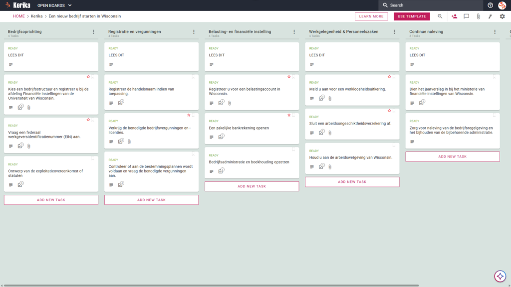Banner met de titel „Een nieuw bedrijf starten in Wisconsin”, met een screenshot van een Kerika Kanban-bord met taakkolommen voor „Oprichting van een bedrijf”, „Registratie en vergunningen”, „Fiscale en financiële afhandeling”, „Personeelszaken en HR” en „Doorlopende naleving”.