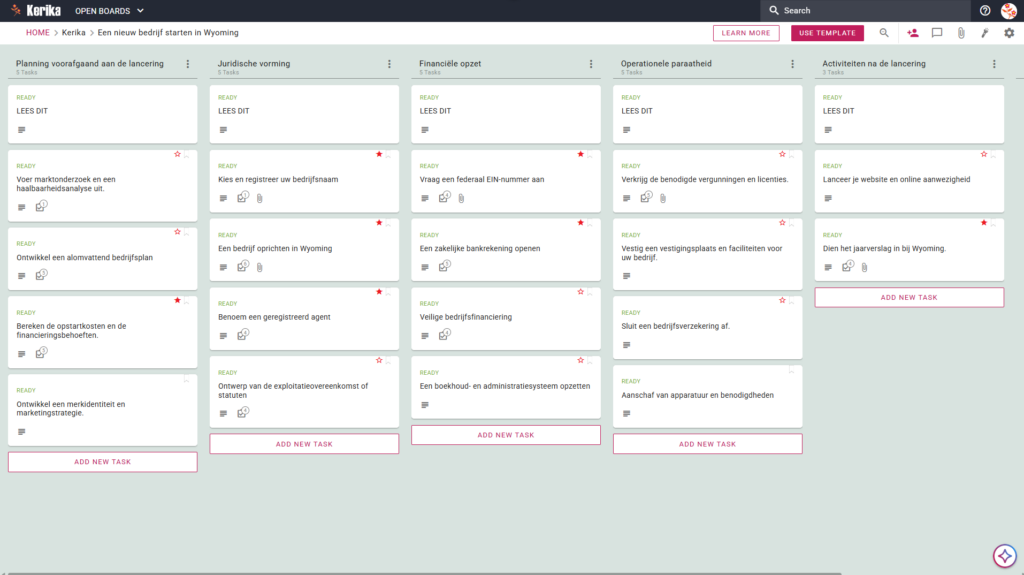 Banner met de titel "Een nieuw bedrijf starten in Wyoming", met een screenshot van een Kerika Kanban-bord met taakkolommen voor planning vóór de lancering, juridische oprichting, financiële opzet, operationele gereedheid en activiteiten na de lancering.