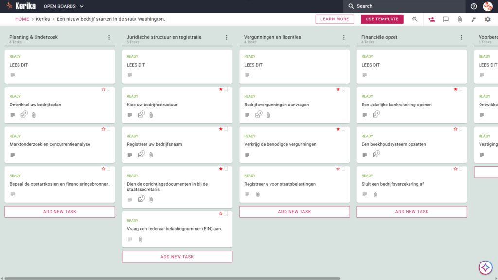 Banner met de titel „Een nieuw bedrijf starten in de staat Washington.”, met een screenshot van een Kerika Kanban-bord met taakkolommen voor Planning & Onderzoek, Juridische structuur & Registratie, Vergunningen & Licenties, Financiële opzet en Voorbereiding op de lancering.