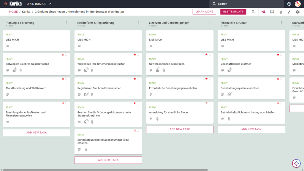 Banner mit dem Titel „Gründung eines neuen Unternehmens im Bundesstaat Washington“, das einen Screenshot eines Kerika-Kanban-Boards mit den folgenden Aufgabenspalten zeigt: Planung und Recherche, Rechtsform und Registrierung, Lizenzen und Genehmigungen, Finanzielle Grundlagen sowie Vorbereitungen für den Start.