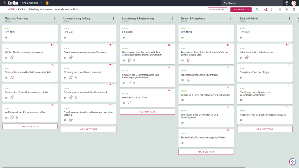 Banner mit dem Titel „Gründung eines neuen Unternehmens in Utah“, das einen Screenshot eines Kerika-Kanban-Boards mit den folgenden Aufgabenspalten zeigt: Planung und Recherche, Unternehmensgründung, Genehmigungen und Registrierung, Steuern und Compliance sowie Start und Betrieb.