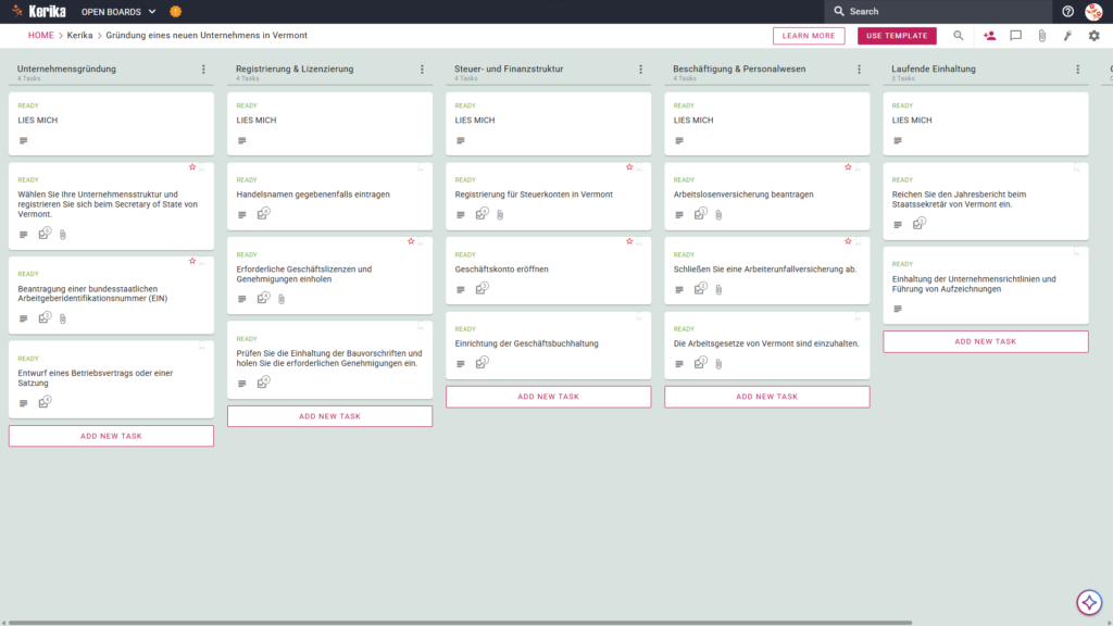 Banner mit dem Titel „Gründung eines neuen Unternehmens in Vermont“, das einen Screenshot eines Kerika-Kanban-Boards mit Aufgabenspalten zu den Themen Unternehmensgründung, Steuer- und Finanzangelegenheiten, Beschäftigung und Personalwesen, laufende Compliance sowie Registrierung und Lizenzierung zeigt.