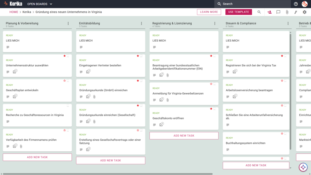 Banner mit dem Titel „Gründung eines neuen Unternehmens in Virginia“, das einen Screenshot eines Kerika-Kanban-Boards mit den folgenden Aufgabenspalten zeigt: Planung und Vorbereitung, Unternehmensgründung, Registrierung und Lizenzierung, Steuern und Compliance sowie Betrieb und Wachstum.