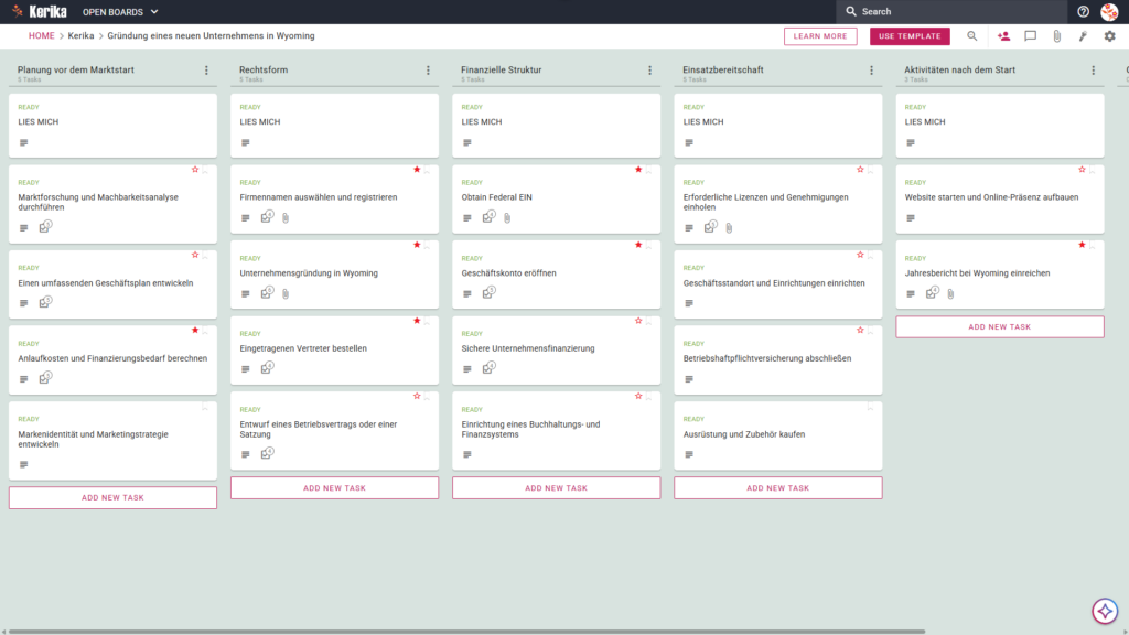 Banner mit dem Titel „Gründung eines neuen Unternehmens in Wyoming“, auf dem ein Screenshot eines Kerika-Kanban-Boards zu sehen ist, mit Aufgabenspalten für die Planung vor der Gründung, die rechtliche Gründung, die finanzielle Vorbereitung, die betriebliche Bereitschaft und die Aktivitäten nach der Gründung.