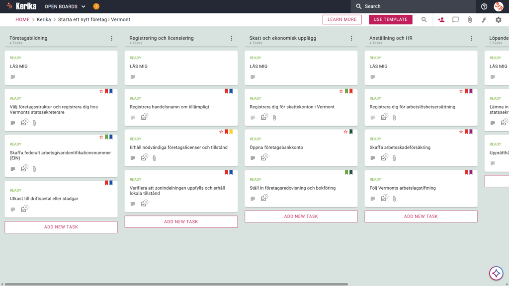 En banner med rubriken ”Starta ett nytt företag i Vermont” som visar en skärmdump av en Kerika Kanban-tavla med uppgiftskolumner för företagsbildning, skatte- och ekonomifrågor, anställning och personalfrågor, löpande efterlevnad samt registrering och tillstånd.