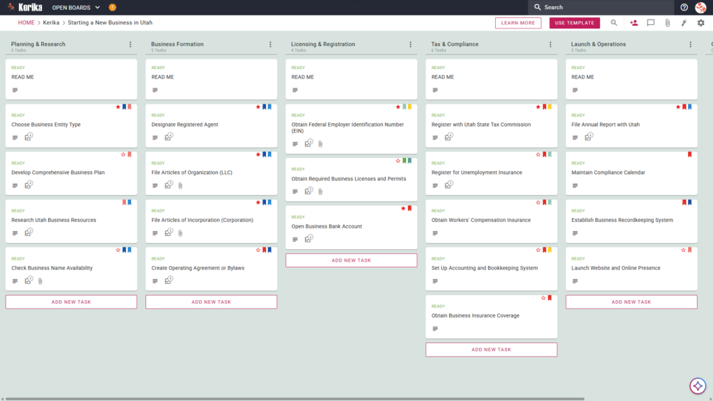 Banner titled "Starting a New Business in Utah" featuring a screenshot of a Kerika Kanban board with task columns for Planning & Research, Business Formation, Licensing & Registration, Tax & Compliance, and Launch & Operations.