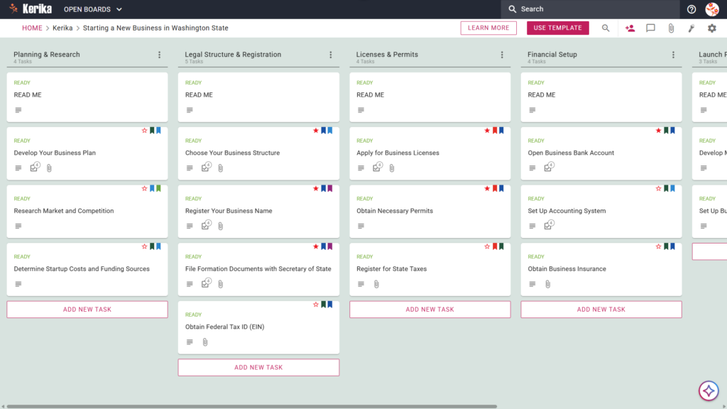 Banner titled "Starting a New Business in Washington State" featuring a screenshot of a Kerika Kanban board with task columns for Planning & Research, Legal Structure & Registration, Licenses & Permits, Financial Setup, and Launch Preparation.