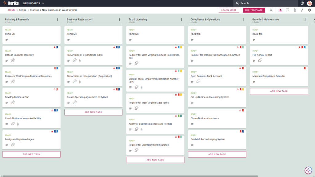 Starting a New Business in West Virginia." The board features a left-to-right workflow with columns for Planning & Research, Business Registration, Tax & Licensing, Compliance & Operations, and Growth & Maintenance, containing specific task cards like "Choose Business Structure" and "Register for West Virginia Business Registration Tax