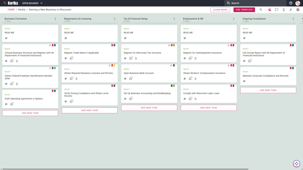 Banner titled "Starting a New Business in Wisconsin" featuring a screenshot of a Kerika Kanban board with task columns for Business Formation, Registration & Licensing, Tax & Financial Setup, Employment & HR, and Ongoing Compliance.