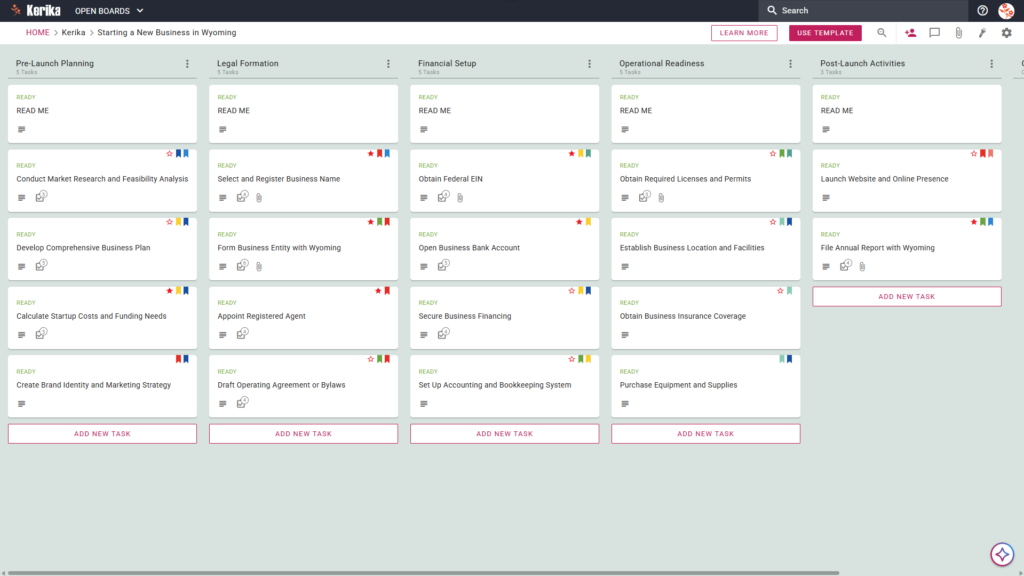 Banner titled "Starting a New Business in Wyoming" featuring a screenshot of a Kerika Kanban board with task columns for Pre-Launch Planning, Legal Formation, Financial Setup, Operational Readiness, and Post-Launch Activities.