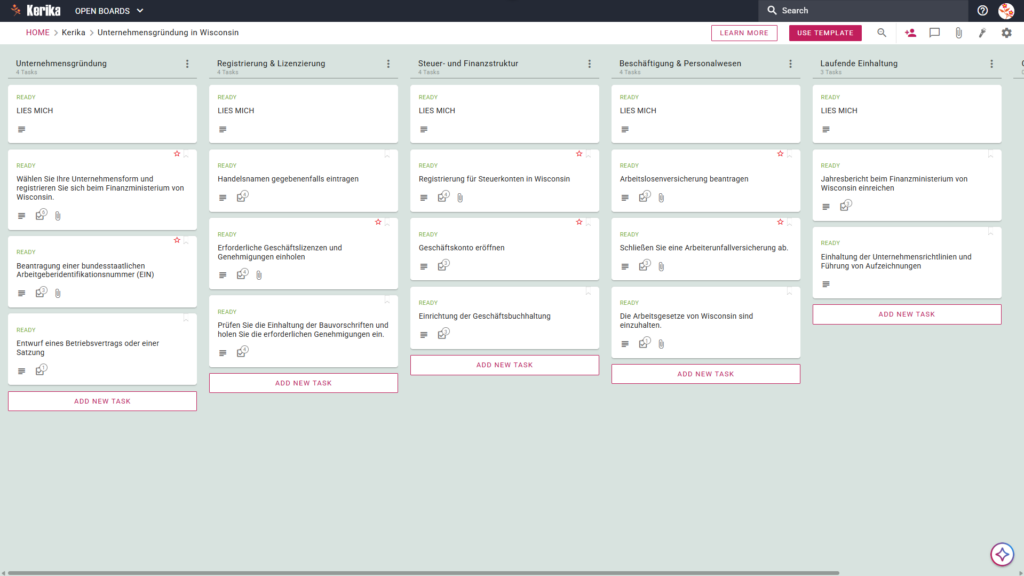 Banner mit dem Titel „Unternehmensgründung in Wisconsin“, das einen Screenshot eines Kerika-Kanban-Boards mit Aufgabenspalten zu den Themen Unternehmensgründung, Registrierung und Lizenzierung, Steuer- und Finanzangelegenheiten, Beschäftigung und Personalwesen sowie laufende Compliance zeigt.