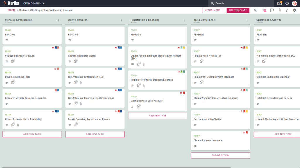 Banner titled "Starting a New Business in Virginia" featuring a screenshot of a Kerika Kanban board with task columns for Planning & Preparation, Entity Formation, Registration & Licensing, Tax & Compliance, and Operations & Growth.