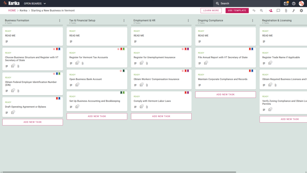 Banner titled "Starting a New Business in Vermont" featuring a screenshot of a Kerika Kanban board with task columns for Business Formation, Tax & Financial Setup, Employment & HR, Ongoing Compliance, and Registration & Licensing.