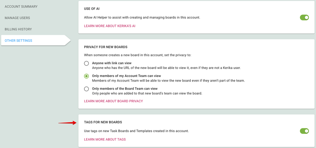 Screenshot showing the OTHER SETTINGS tab of the Manage Account screen inside the Kerika desktop app. An arrow is pointing to the place where the user can turn on/off the use of tags in their account.